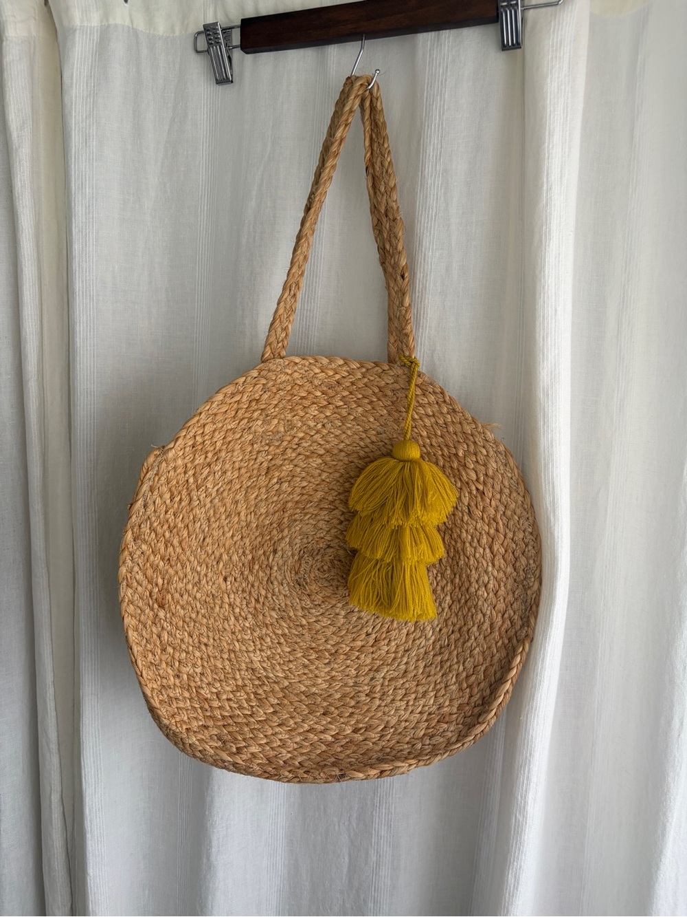 Super cute woven round straw shoulder bag with yellow tassel